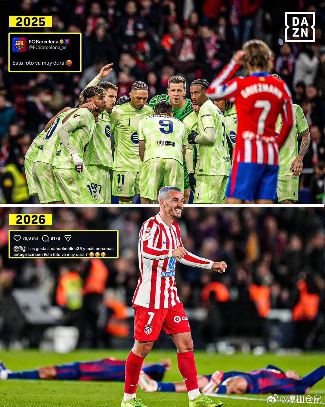 【】2025年3月，巴萨客场4比2击败马竞，赛后巴萨官推发了一张格列兹曼作为背景