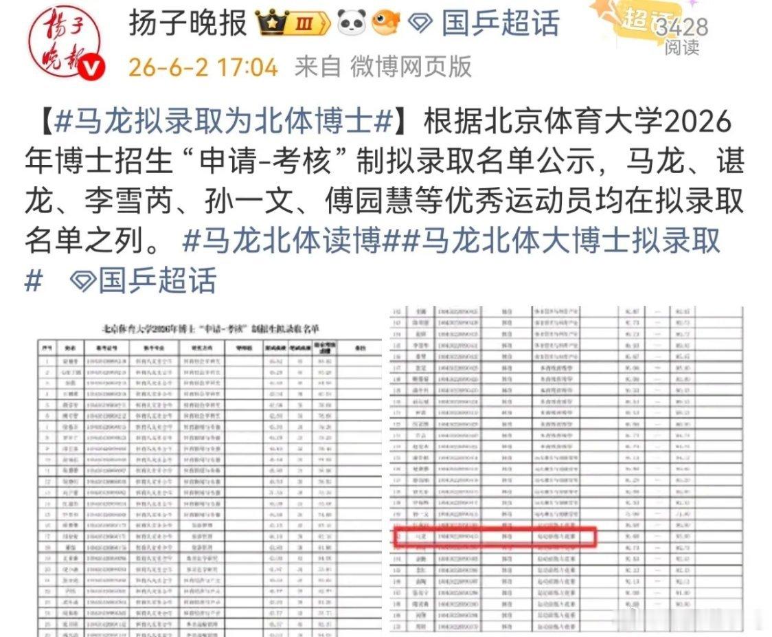 马龙以专业第二的成绩上岸看到公示其他熟悉的名字。本次榜单不止马龙，谌龙、李雪芮、