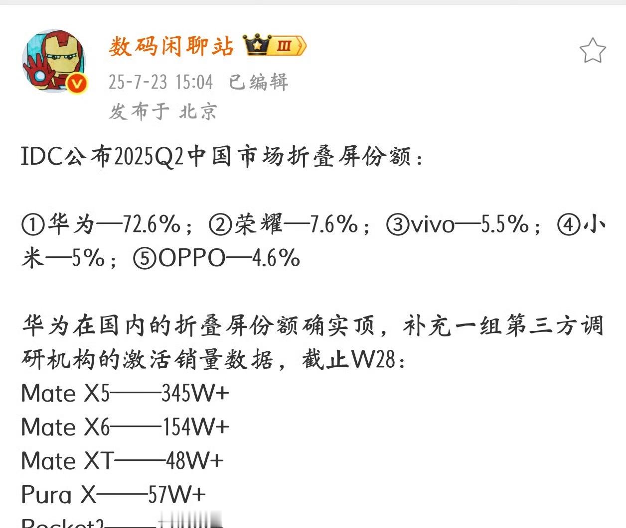 这个统计，应该没有统计小米的小折叠吧！不然应该排第二！[并不简单][加油] ​​