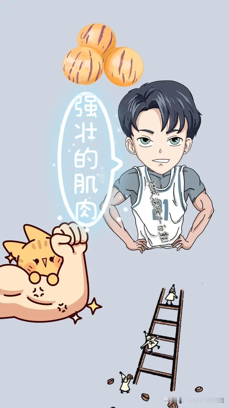 三个人参果 强壮的肌肉一个梯子，打一成语————
图中有三个人参果，还有男孩强壮