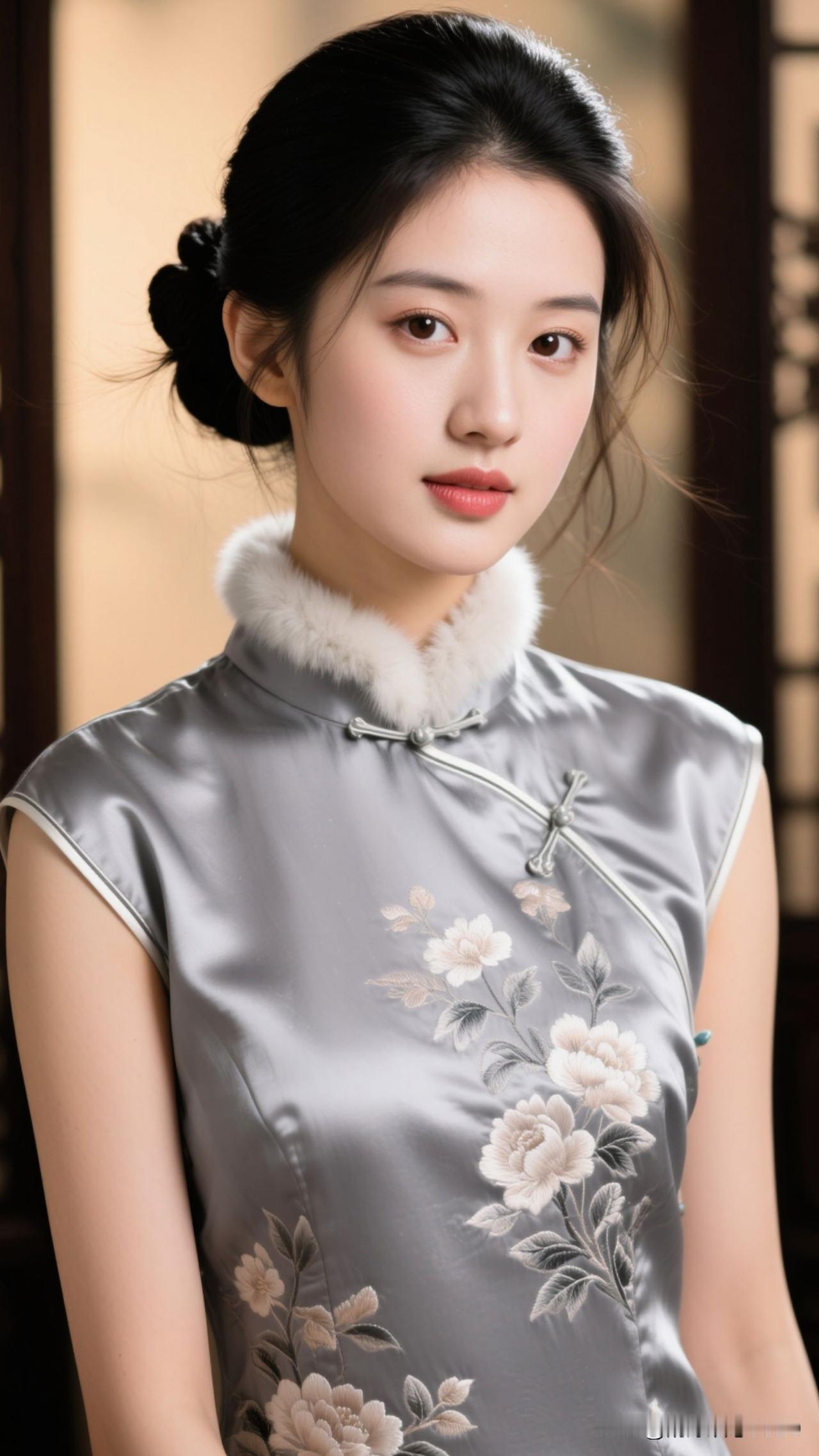 🌸 素色缎面盛着古意的静，毛绒领裹住岁月的甜，一笑时，传统与温柔便织成了共生的