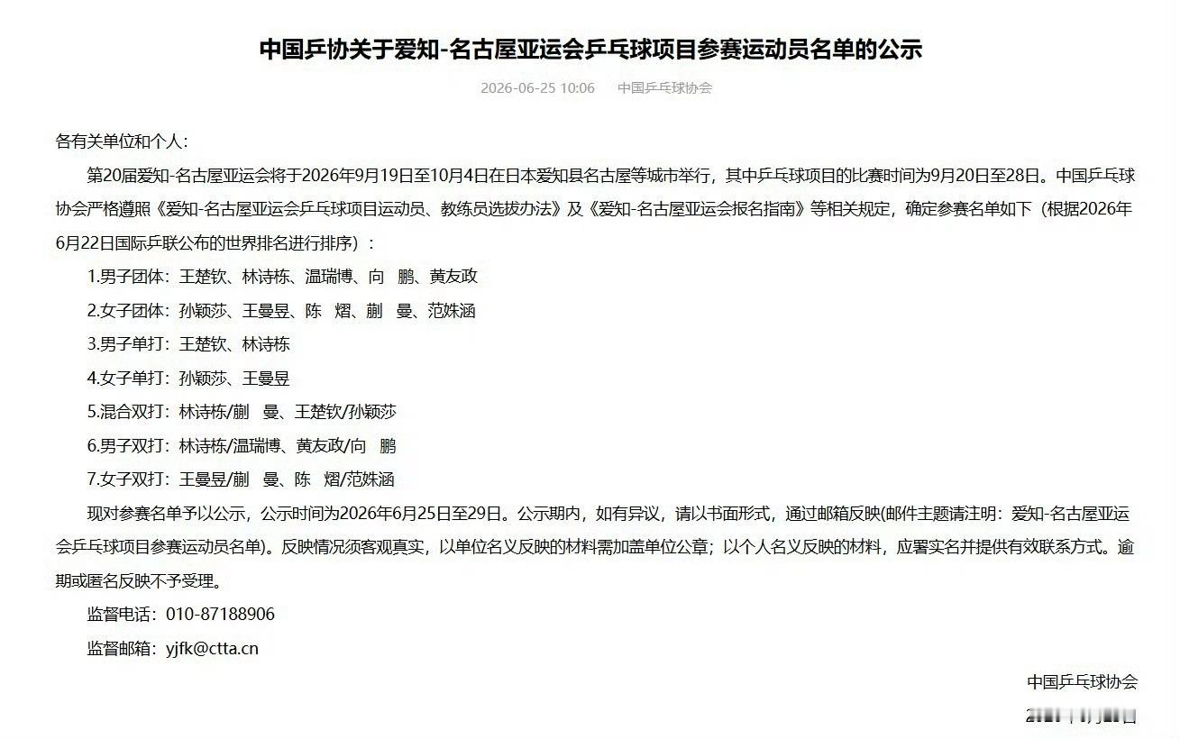 国乒亚运会参赛名单公示中国乒协官网公示了爱知-名古屋亚运会乒乓球各项参赛运动员名