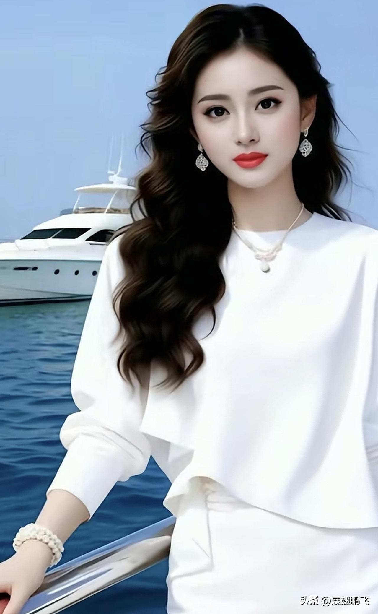 优雅白衣少女，海风轻拂发梢，游艇相伴，尽享夏日时光。阳光白裙少女 温柔白衣少女 