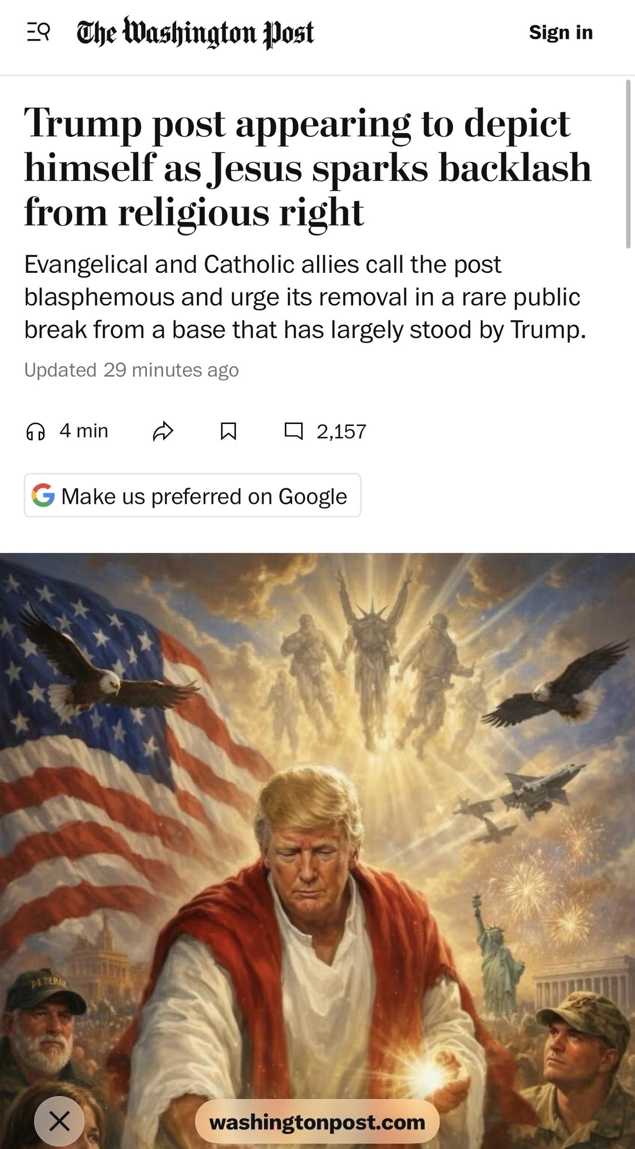 特朗普发布了一张自己AI图像的渲染图，该图像似乎将他描绘成耶稣，这引发了宗教右翼
