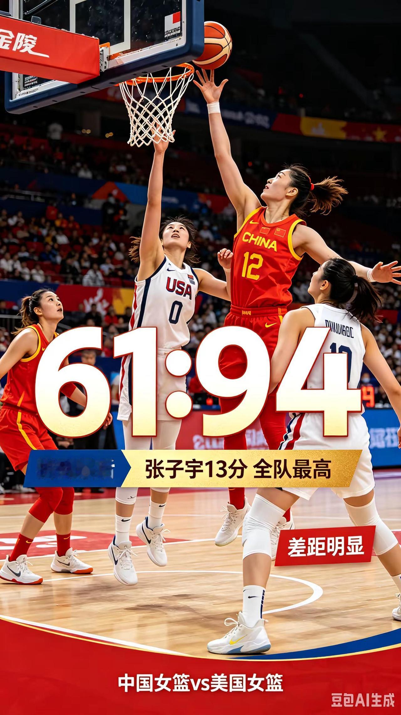 张子宇13分全队最高，中国女篮61:94美国女篮，正视差距继续努力中国女篮 篮球