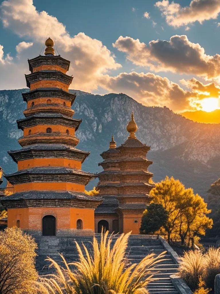 夕阳下的嵩山，少林寺宛如一位沉思的智者，周围植被随风轻摇，像是为这座古老寺庙伴舞