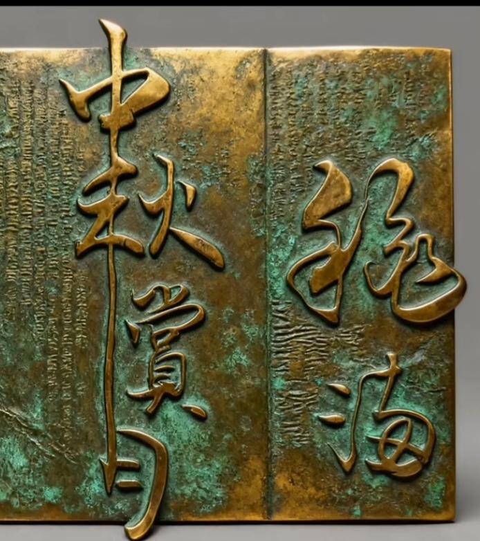 这是一块刻有汉字的金属牌匾。能认识这几个字的都不简单，读出来听一下，节日快乐。[