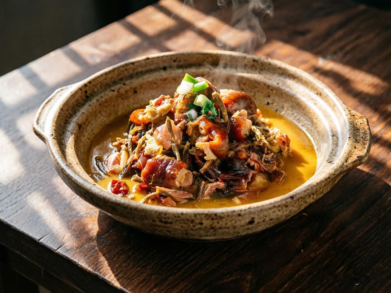 干豆角炖腊猪脚

味型： 咸鲜醇厚，腊香浓郁，胶质丰富。

核心技法： 隔水蒸炖