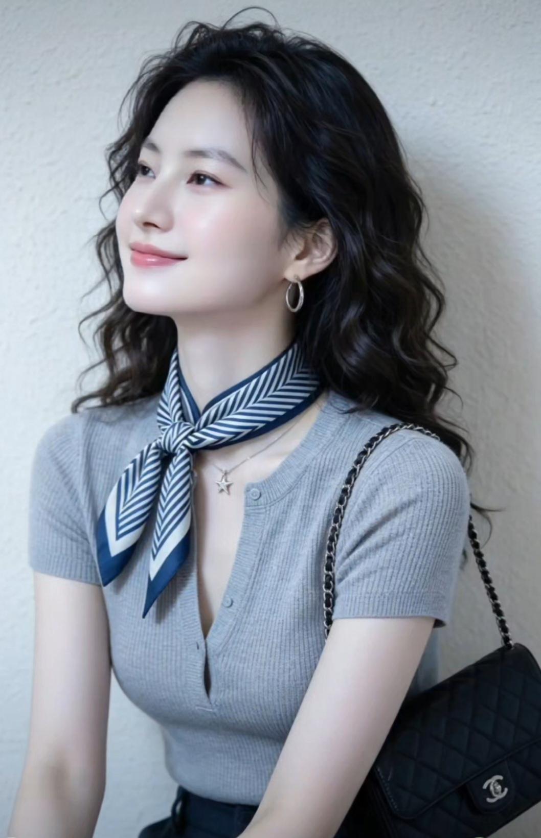 这个女生穿着时尚，笑容甜美。