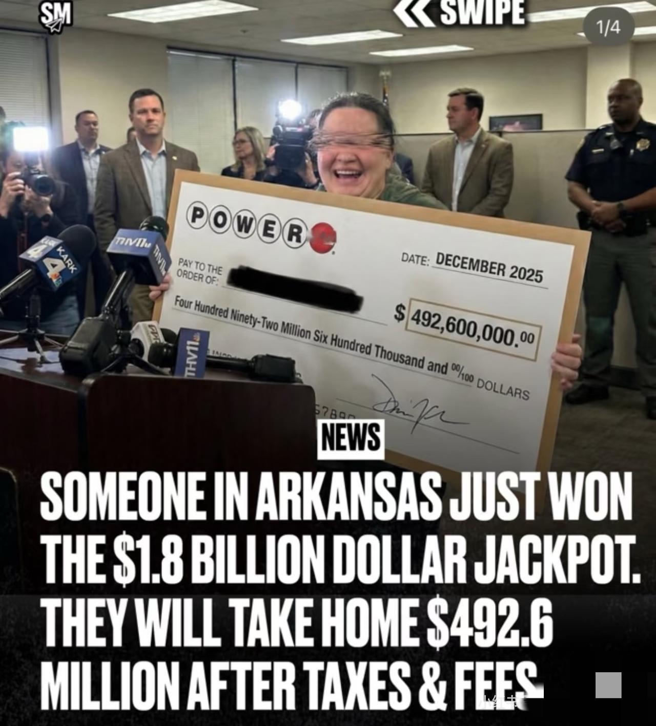 🇺🇸Powerball彩票17亿美元大奖被一人独得。

阿肯色州的获奖者选择