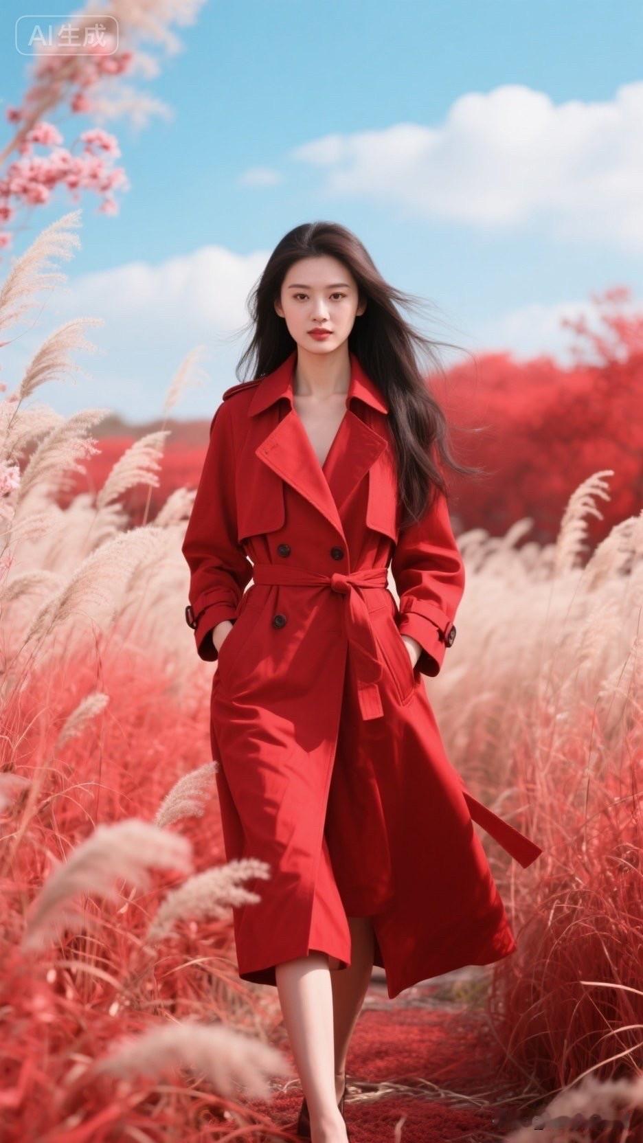 穿红裙子的姑娘在花田中漫步。