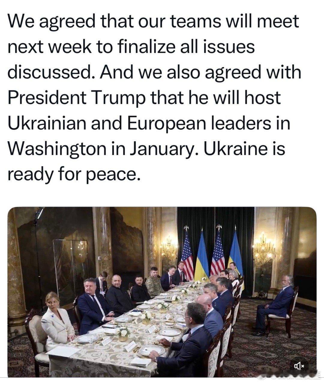 美乌谈判下一步：两边团队下周接着谈乌克兰和欧洲领导人一月到美国接着谈如果有必要，