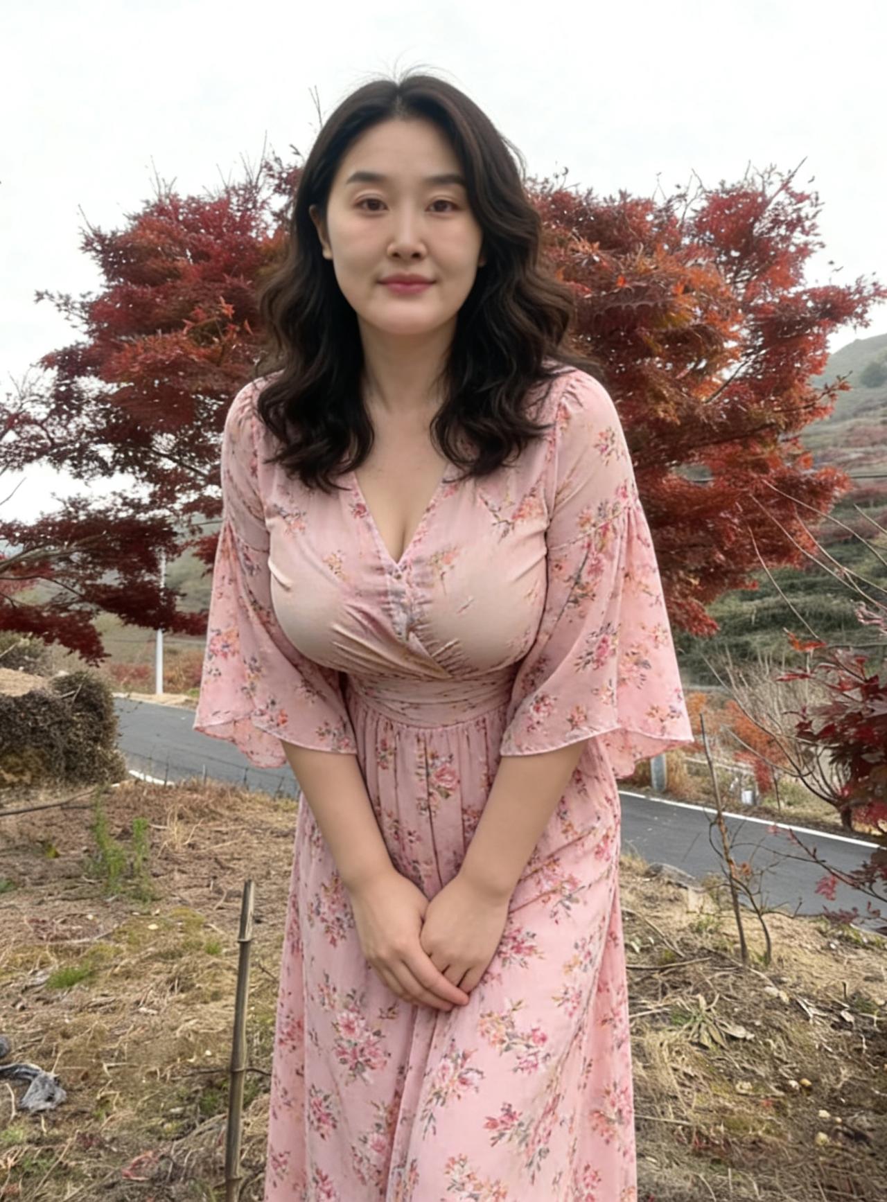 红枫灼灼映荒丘，粉裙佳人立晚秋。
笑靥轻扬风拂袖，秋光如画为君留。