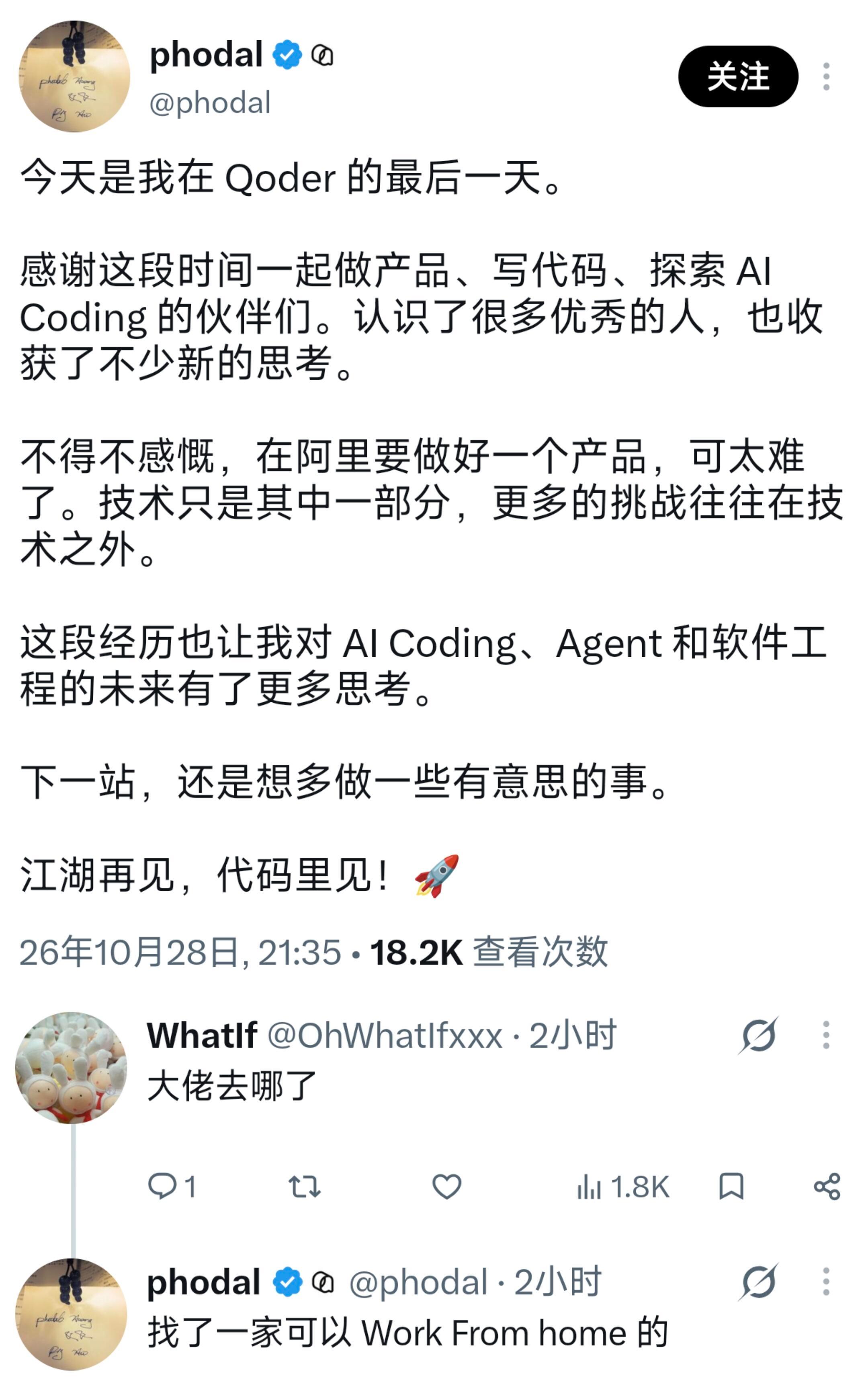 阿里Qoder技术大佬突然宣布离职了[衰] ​​​