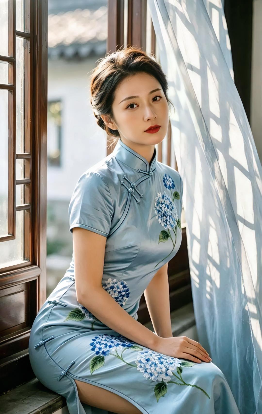 浅蓝染了窗光，

绣球开在衣上。

纱帘被风轻轻掀动，

你坐在旧木窗旁。

发