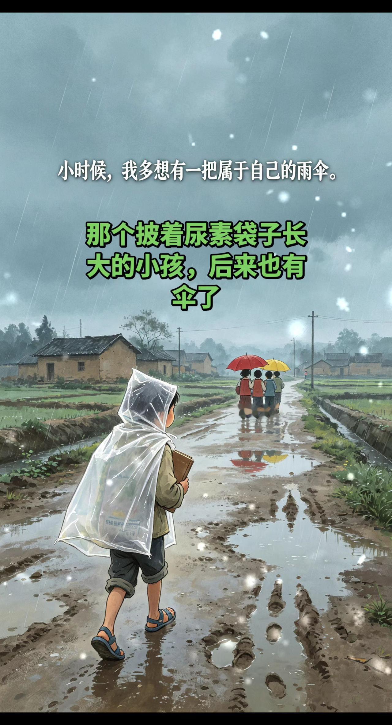 那个披着尿素袋子长大的小孩，后来也有伞了。自己撑起伞 乡村老屋