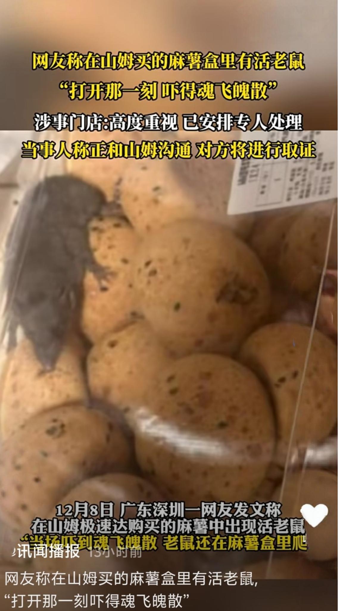 山姆应对老鼠危机事件尽显专业
12月9日，山姆就深圳消费者“极速达”订单麻薯盒中