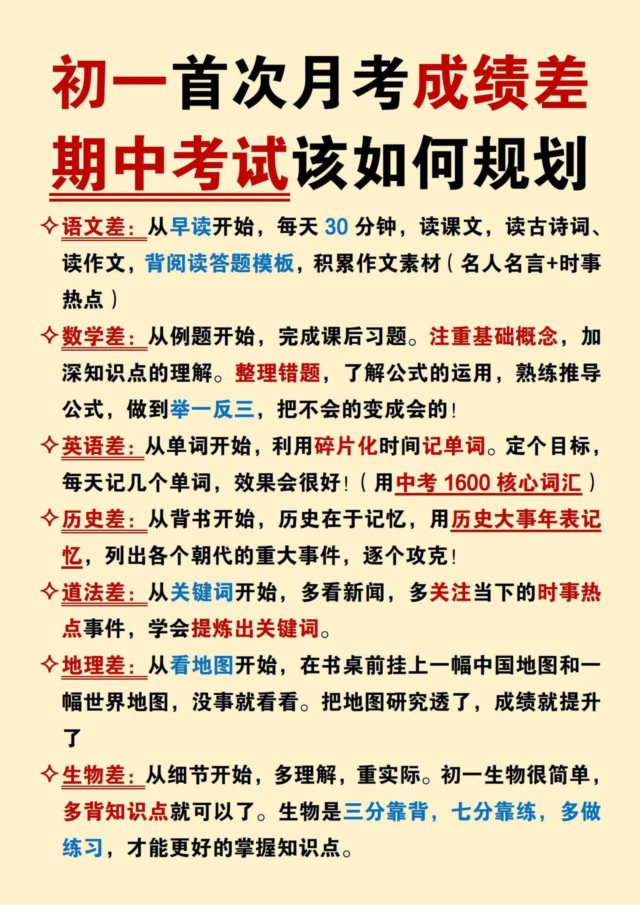 初一首次月考成绩差，期中考试该如何规划。#家长收藏孩子受益[话题]#