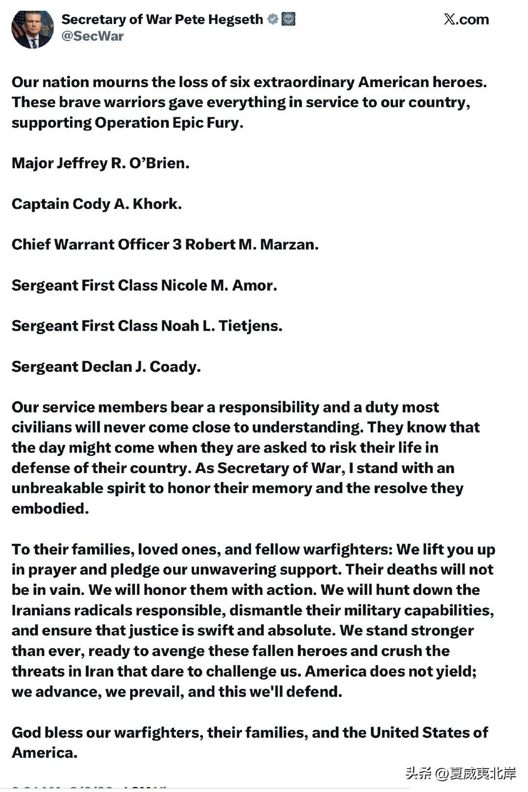 战争部长Pete Hegseth发文悼念阵亡的大兵。
“我们的国家为失去六位杰出