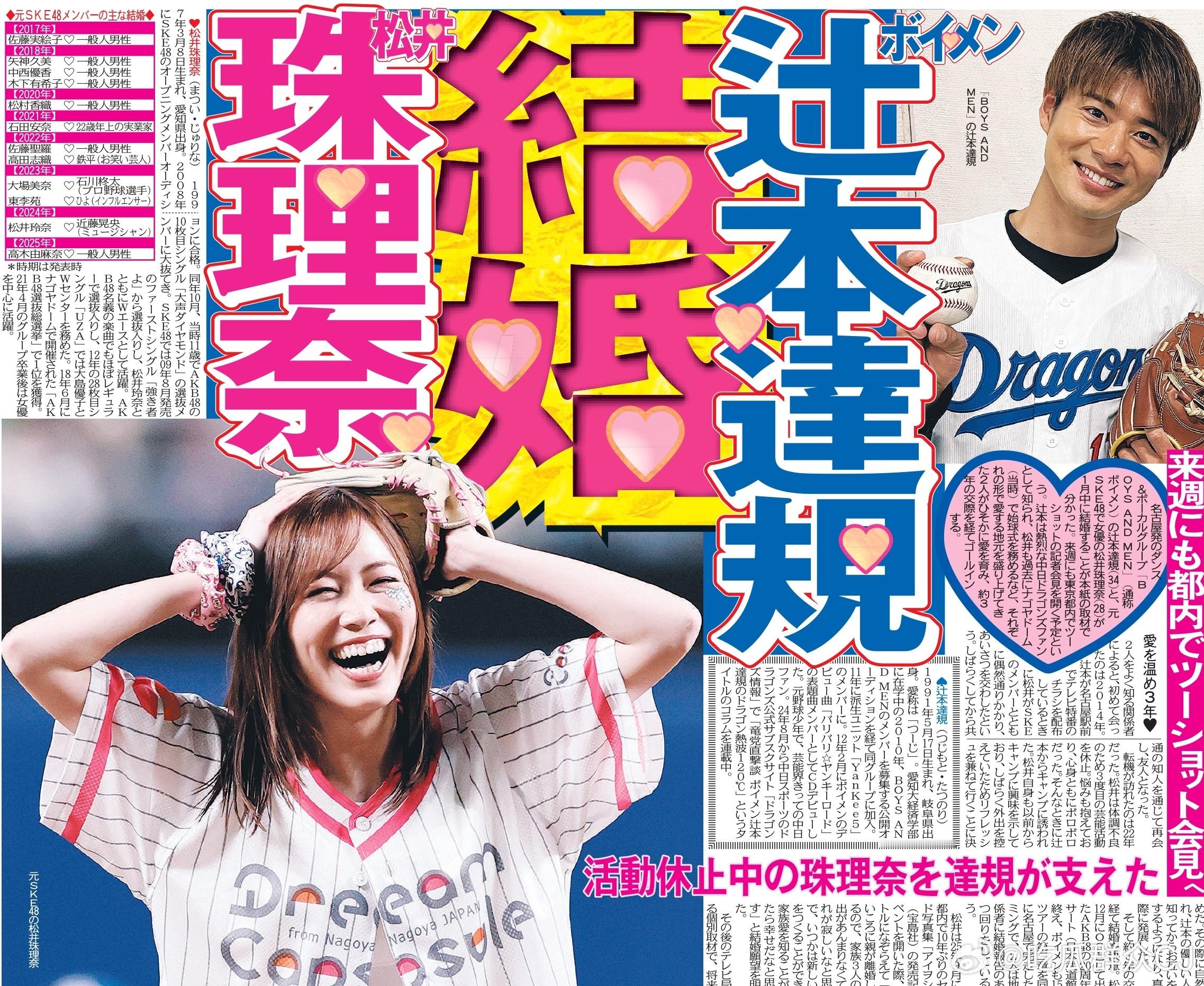 前SKE48成员松井珠理奈（28岁）将于本月与BOYS AND MEN成员辻本达