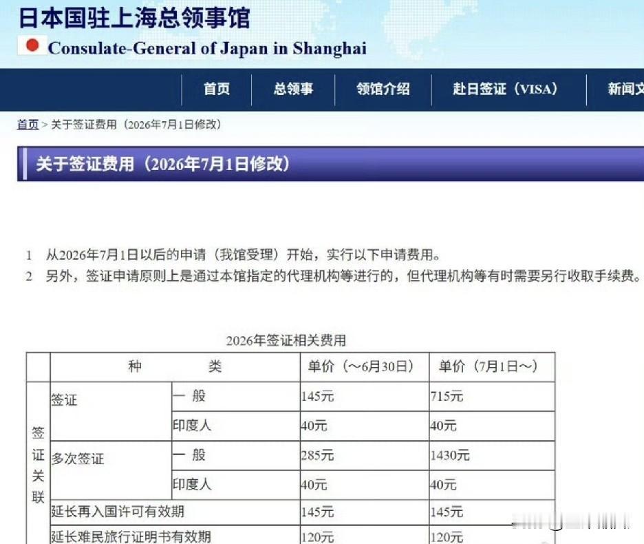 日本驻上海总領事馆官网，多次赴日签证7月1日起，中国人715元，印度人仅需40元