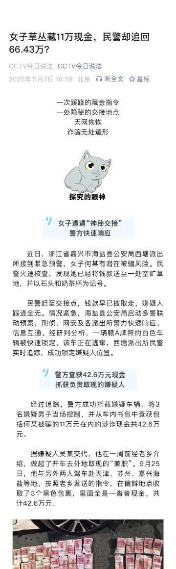 女子草丛藏11万现金，民警却追回66.43万？今日说法 ​​​ ​​​