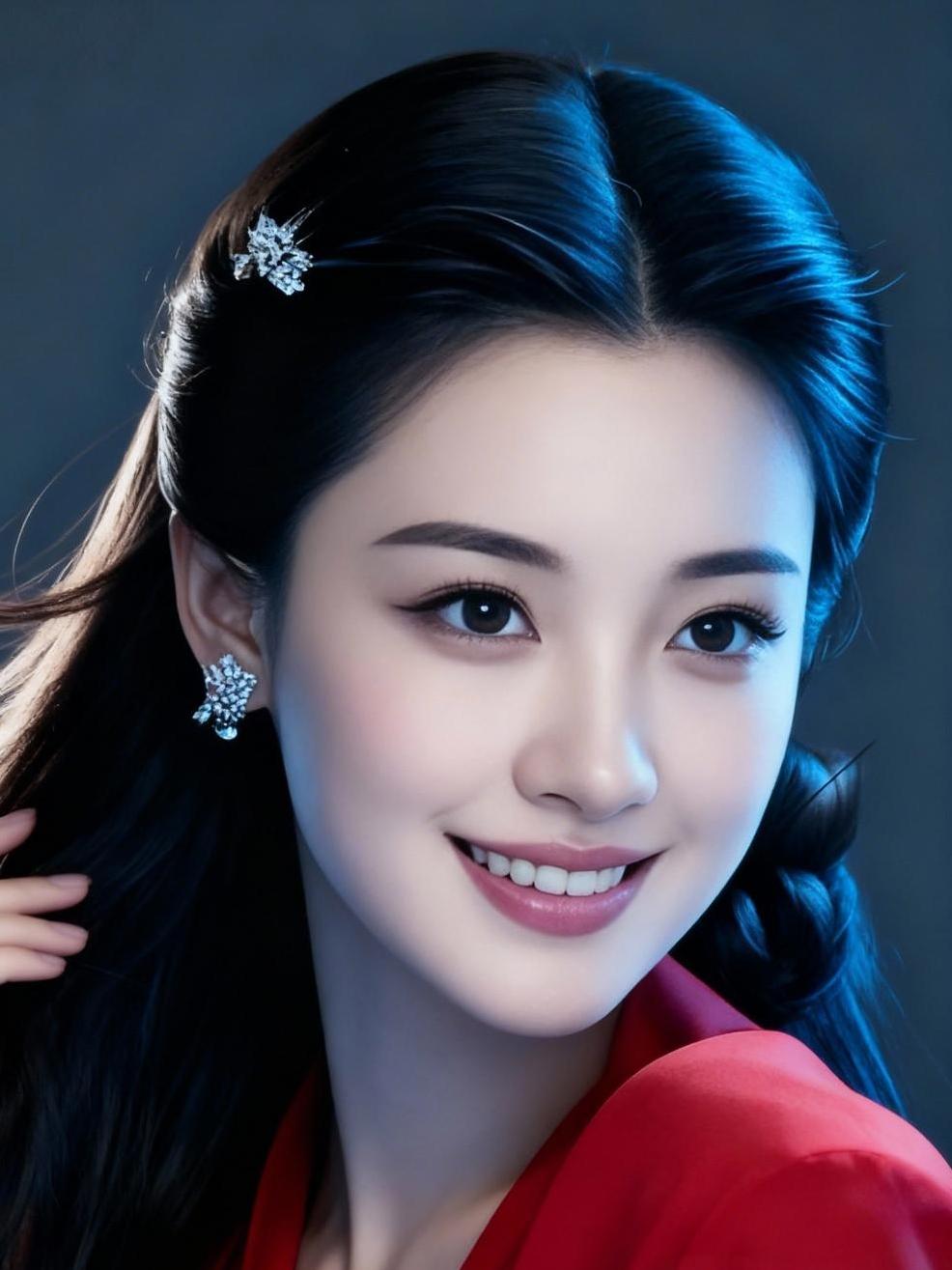 优雅蓝发少女，闪耀耳饰，甜美笑容，红衣惊艳！