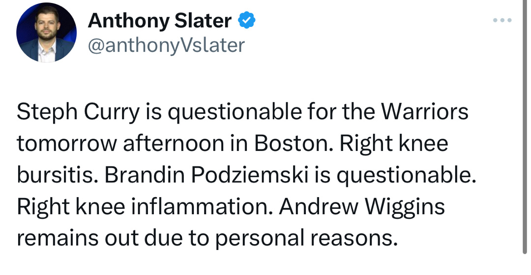 对阵波士顿凯尔特人的比赛：库里（右膝滑囊炎）、波杰姆斯基（右膝发炎）将出战成疑；