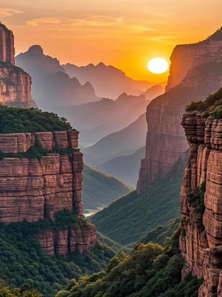 嶂石岩处夕阳垂，万丈红崚燃暮晖。山谷轻语回音绕，赤壁绵延韵意随。壮丽山河映丽日 