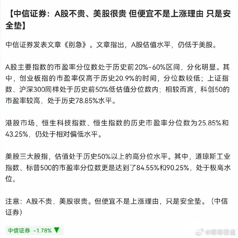 利好！中信证券喊大家“别急”…就在刚刚，中信证券重磅发声：A股不贵、美股很贵！但