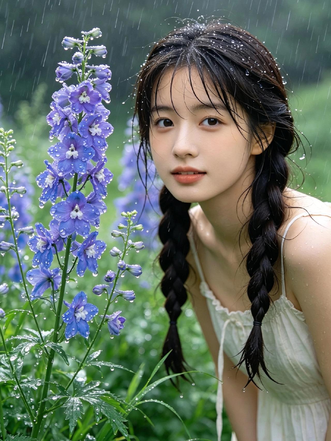 雨后邂逅一丛飞燕草，紫蓝花瓣缀满清透雨珠，灵动得像振翅停驻的蓝紫色飞鸟。山野草木