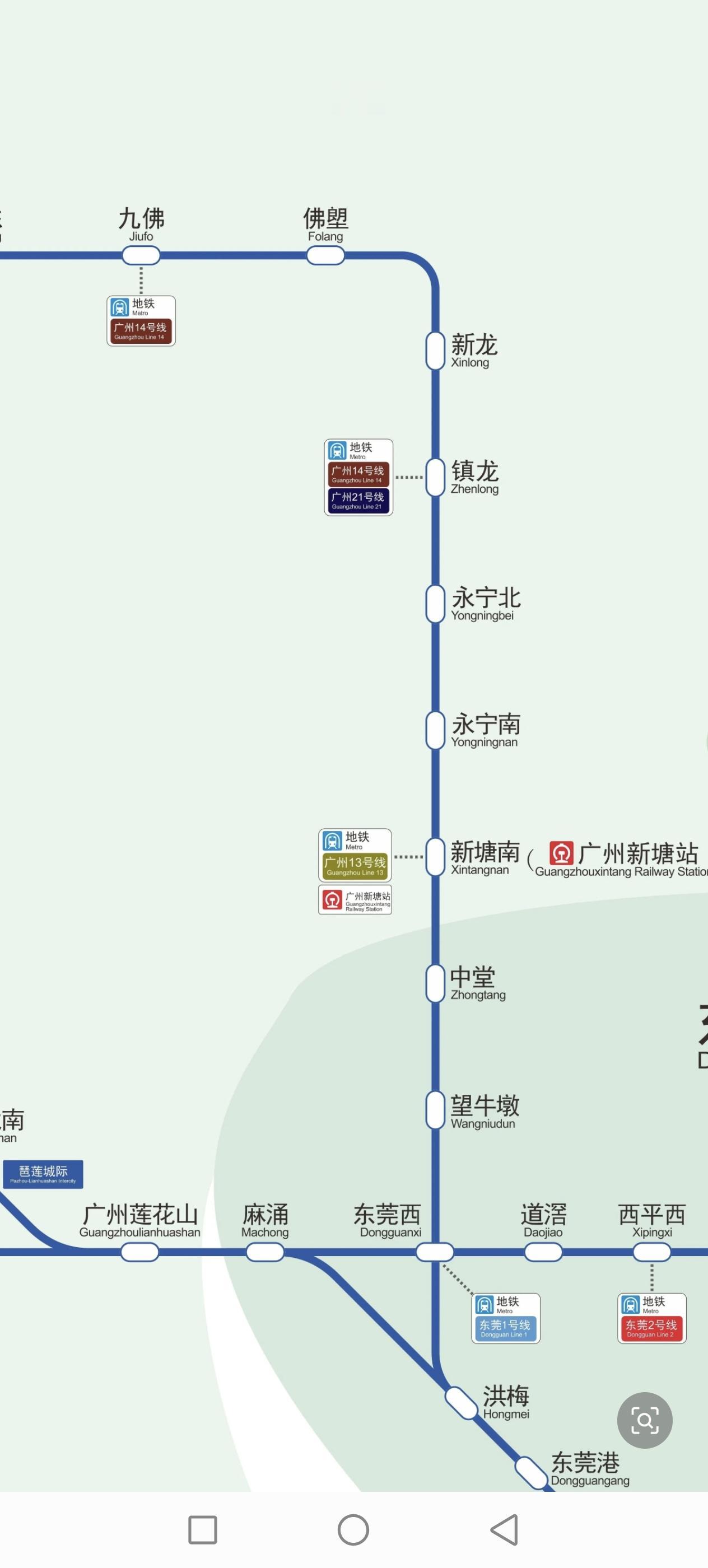 穗深城际铁路竹料至新塘南段和东莞西联络线尚未开通，但是线路图已经进入广州地铁和广
