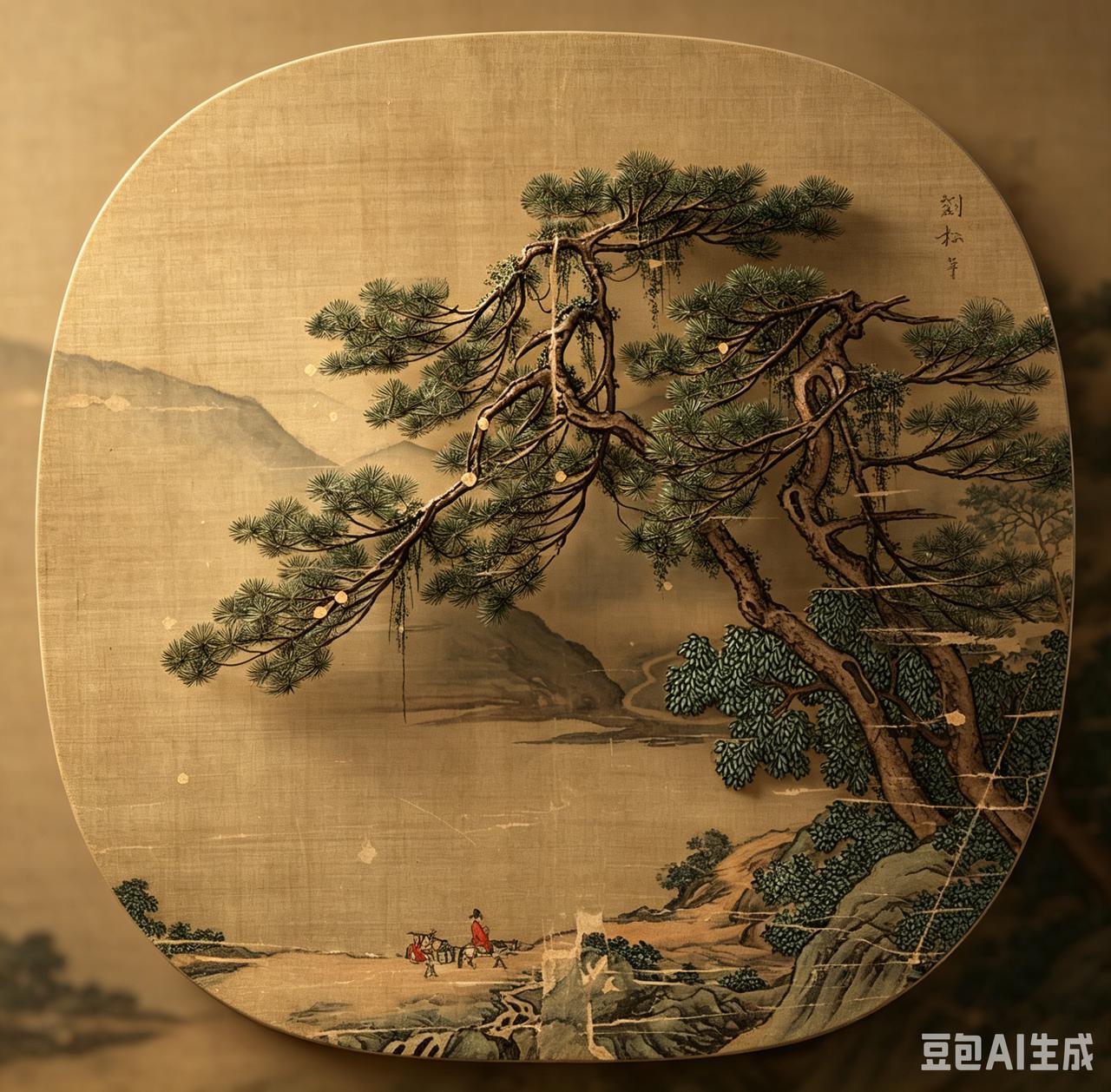 苍松斜覆古湖滨，客子归鞍踏晚尘。 一轴云山藏宋韵，笔端清气满千春。