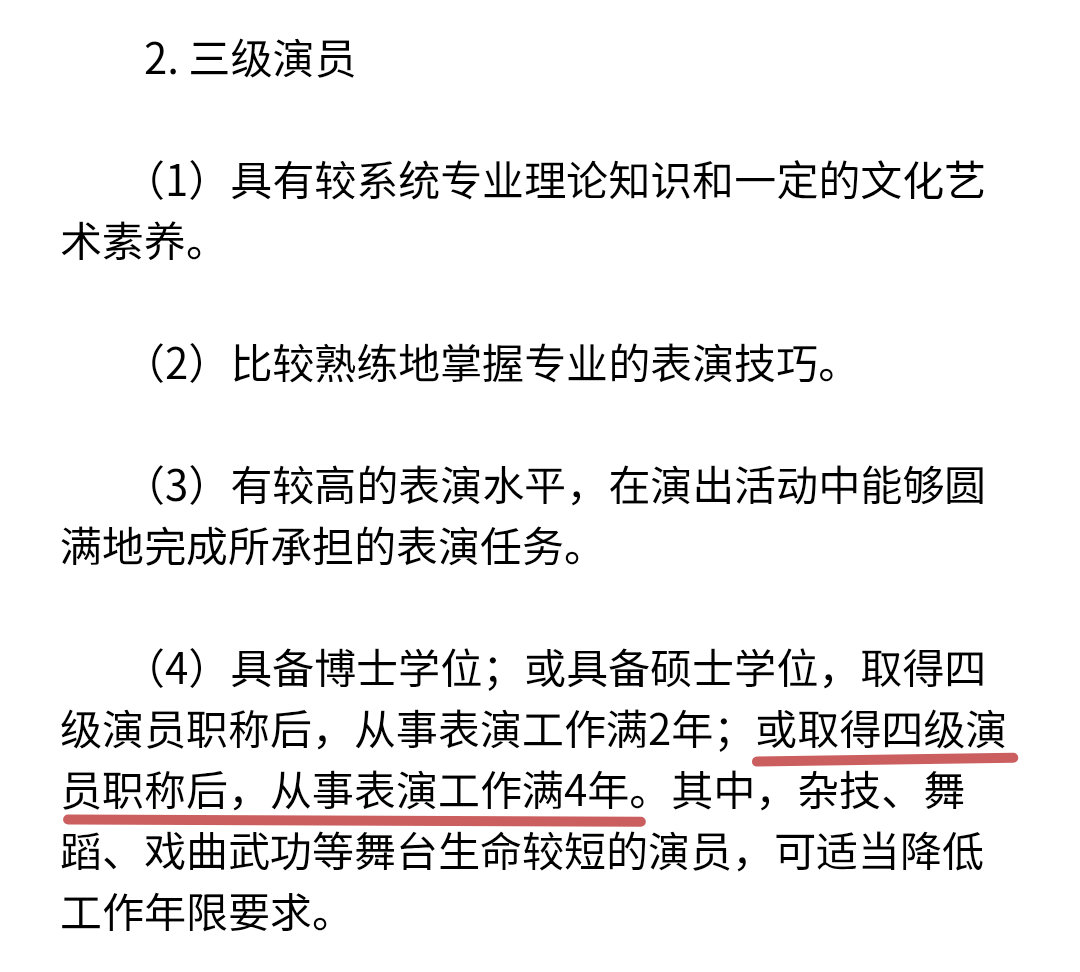 关于深化艺术专业人员职称制度改革的指导意见规定，评级的学历不是必须，四级从事表演