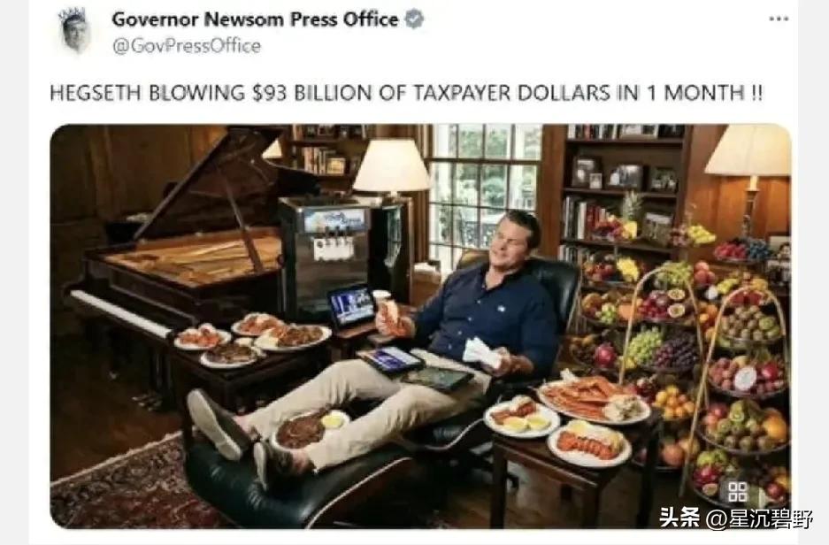 美国加州州长纽森直接在社交媒体放了张图，画面里国防部长赫格塞思躺在躺椅上，身边全