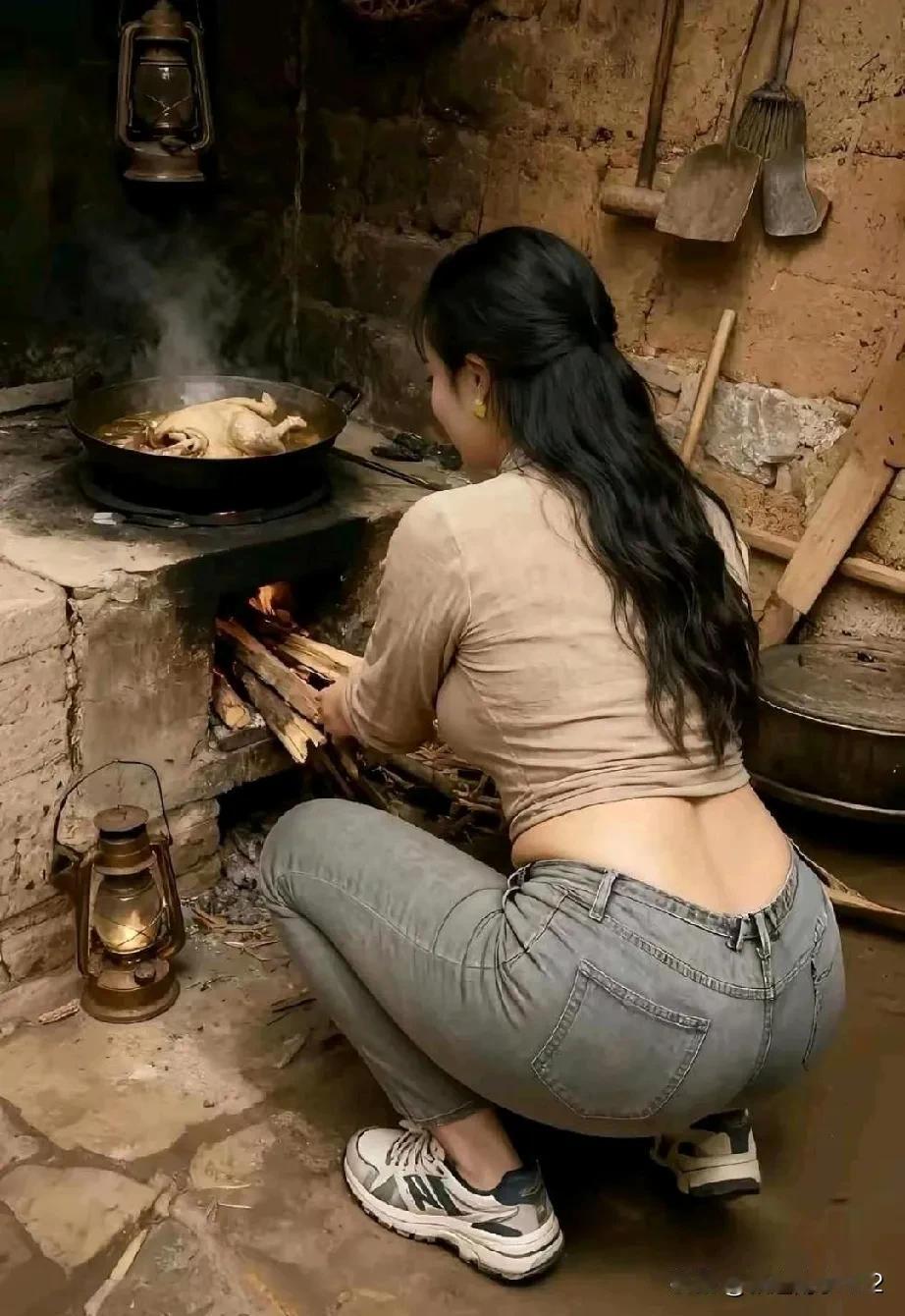 目睹这位贤良淑德的媳妇用木材为丈夫炖煮鸡肉，着实令人感动不已。那画面就像一个温暖