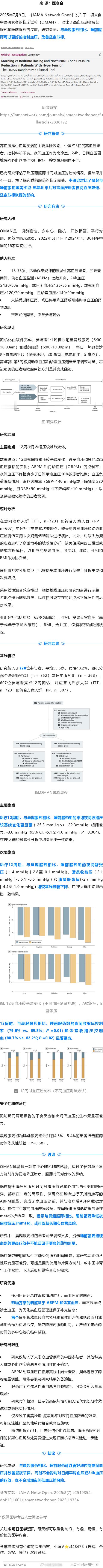 中国研究发JAMA子刊：高血压患者睡前服药比晨起服药更好控制血压2025年7月9