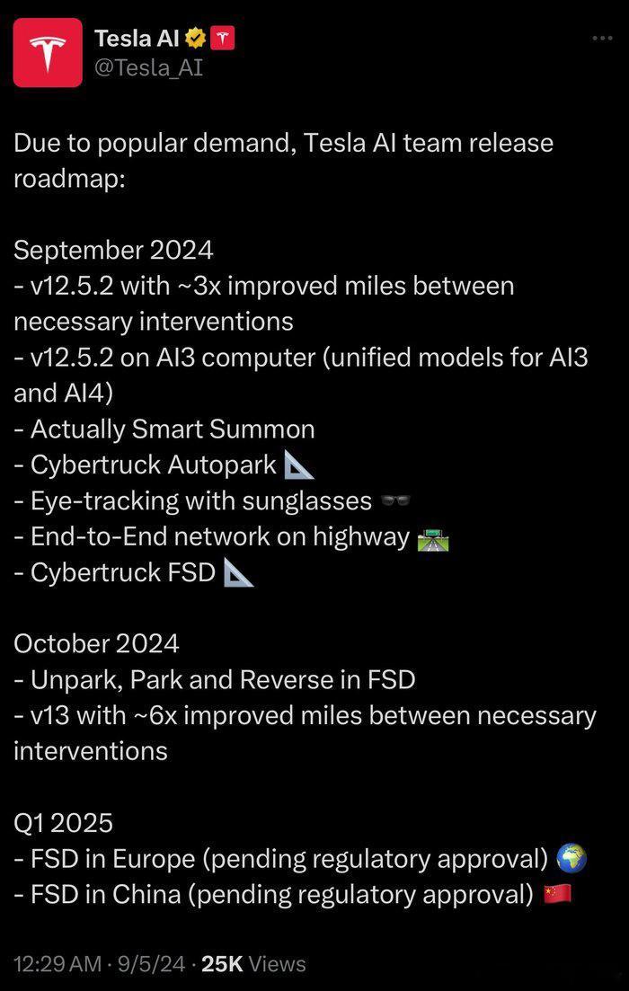 特斯拉预计2025年第一季度在中国和欧洲推出全自动驾驶（FSD）系统，但是仍有待