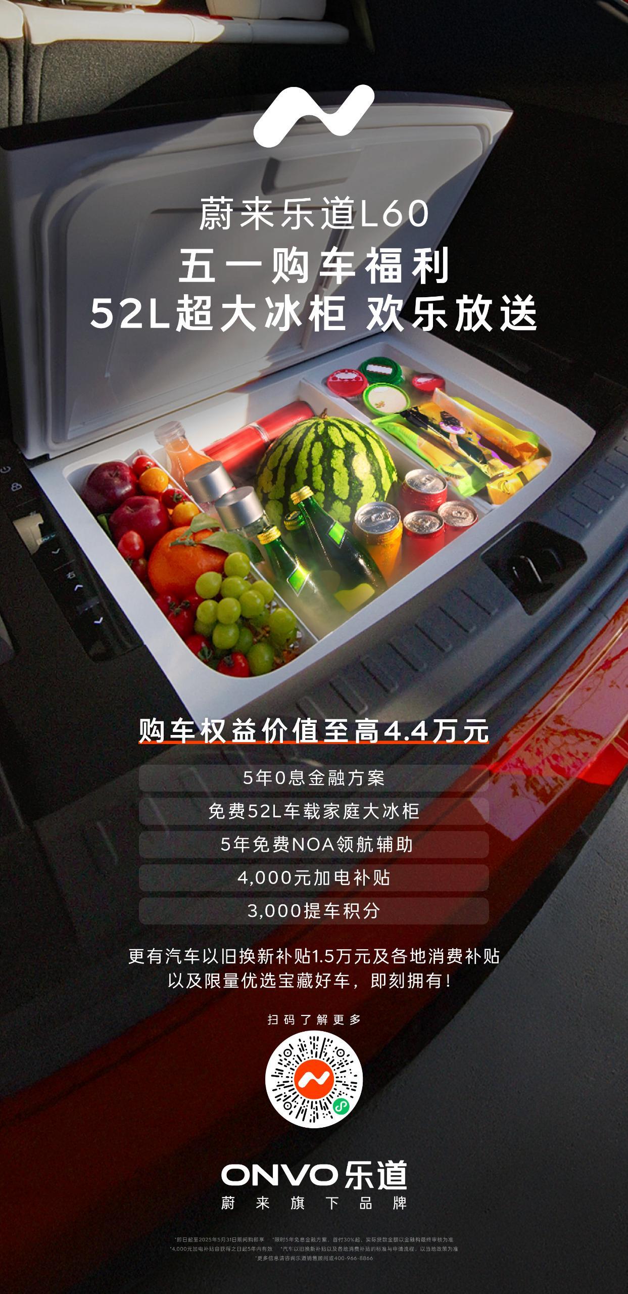 乐道L60五一继续加码，5年0息，还送52L大冰箱。昨天群里有同学说，最近的周销