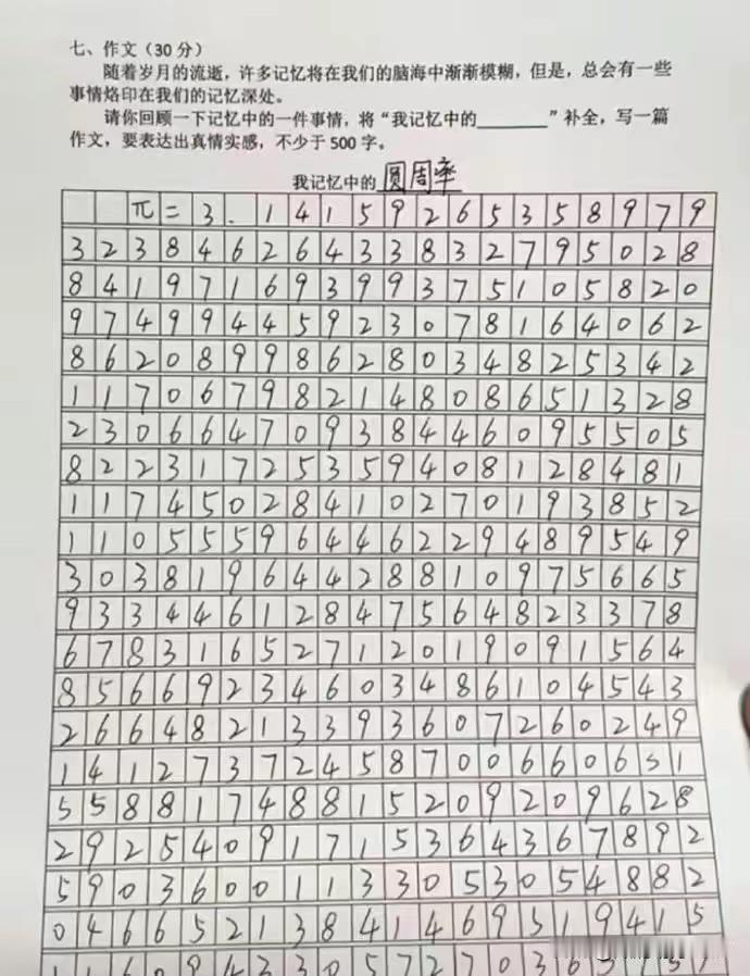 如果这是高考作文，你会给他或者她满分吗？
圆周率等于3.1415926 ……
如