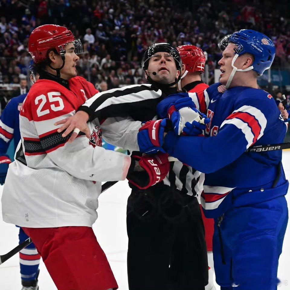 不会拉架的裁判不是好冰球裁判 米兰冬奥会男子冰球，美国队6-3战胜丹麦比赛中双方