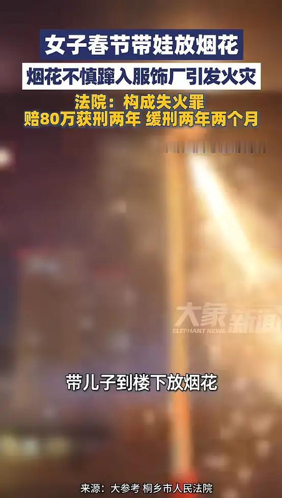 悲剧还是发生了！浙江嘉兴一女子放烟花，赔80万、获刑2年！
 
浙江嘉兴，一场本