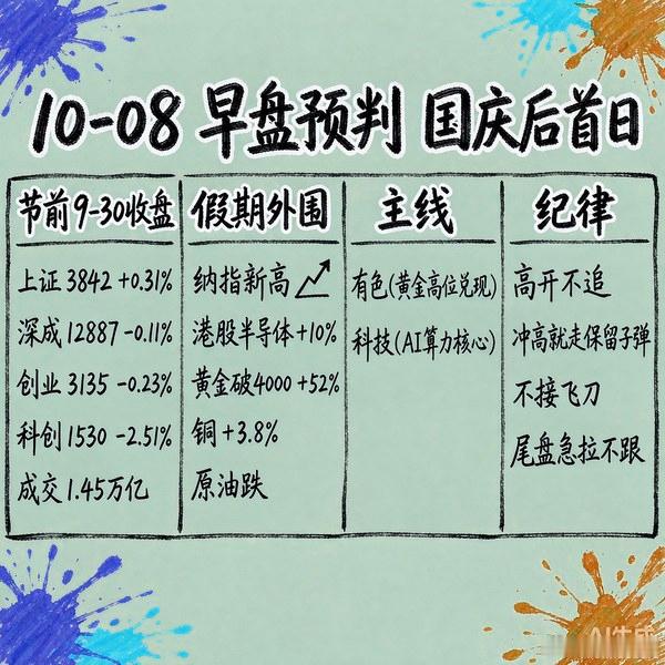【10-08 早盘预判｜国庆后首日：高开不追，兑现为王】节前（9-30）A股分化