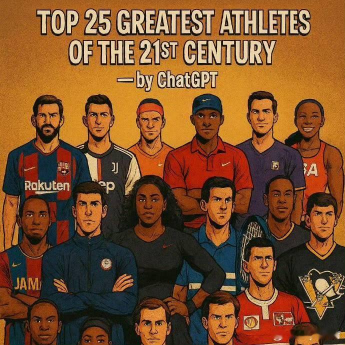 AI眼中的体育世界 近日，ChatGPT评出了21世纪世界体坛最伟大的25名运动