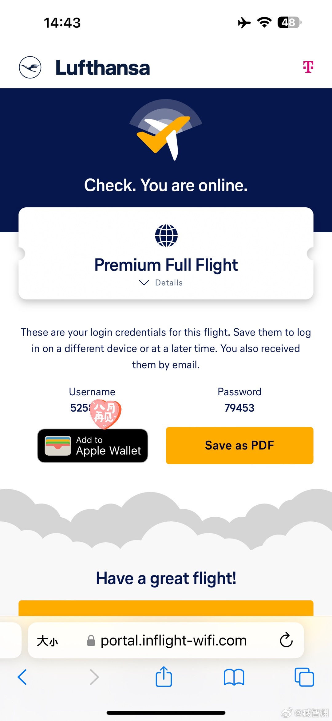 汉莎航空A350的机上Wi-Fi，全程11小时，233块RMB，挺不稳定的时有时