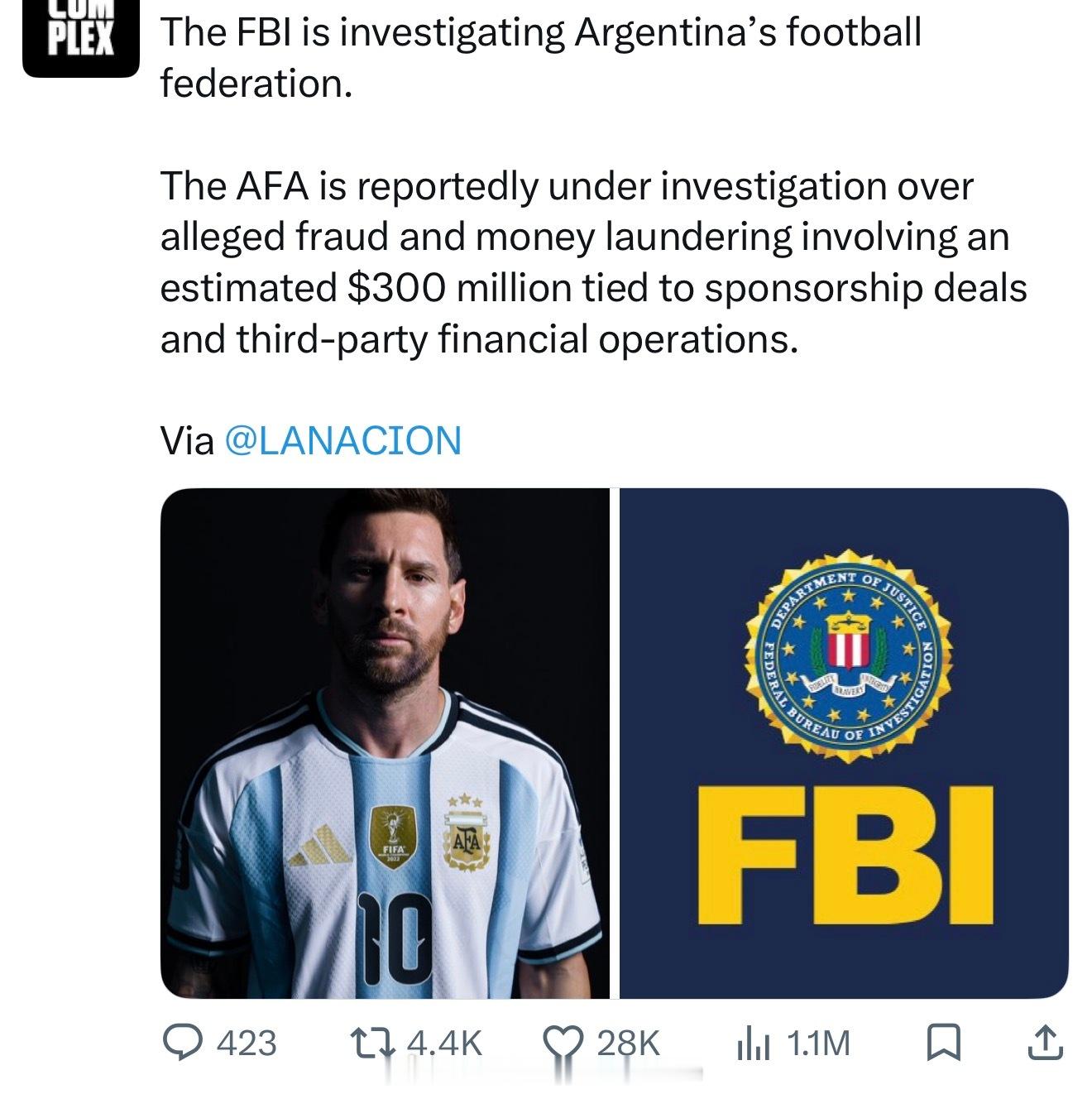 大家都是懂流量的，FBI调查阿根廷足协，推把梅西大头照和FBI放一起卷入资金多少