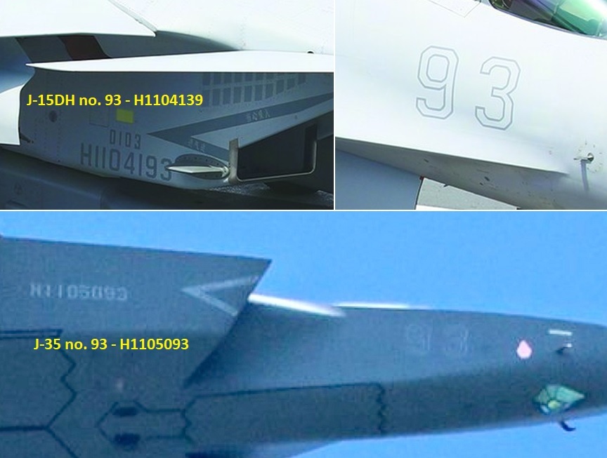推上GTW发现93号J35舰载机与之前一架J15DH重号，它们的生产编号当然不一