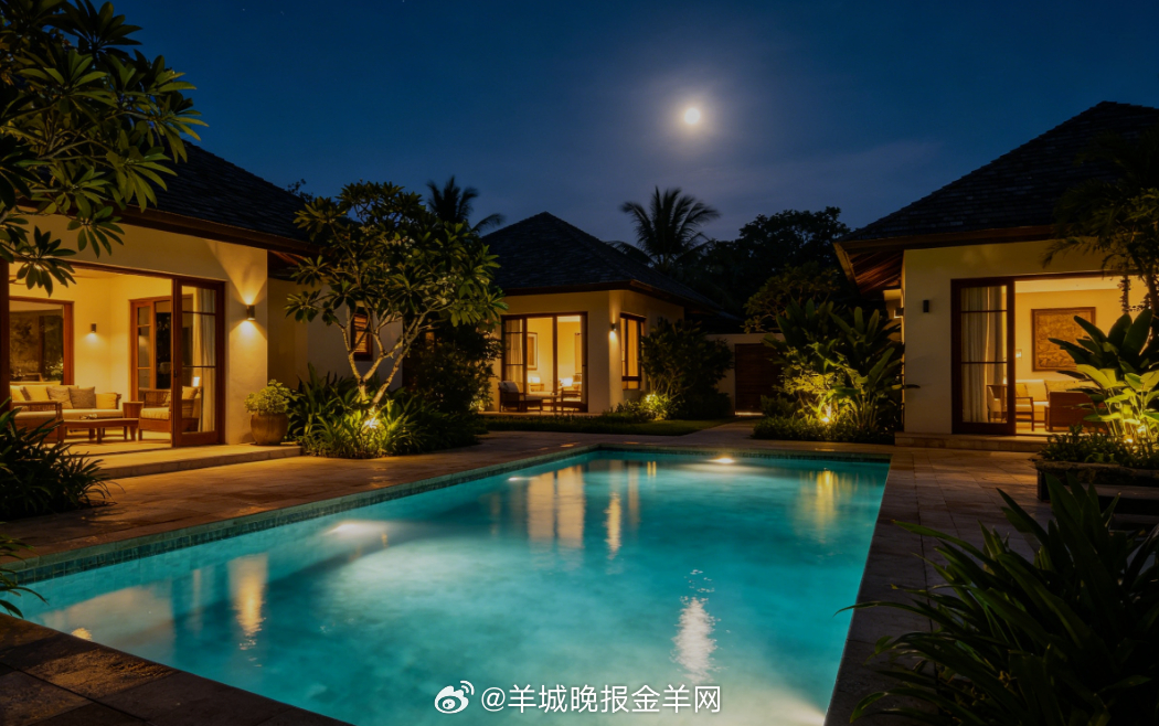 #晚安# 夜色温柔笼罩庭院，泳池的水清莹透亮，晚风轻轻漫过池边。静坐岸边闲憩纳凉