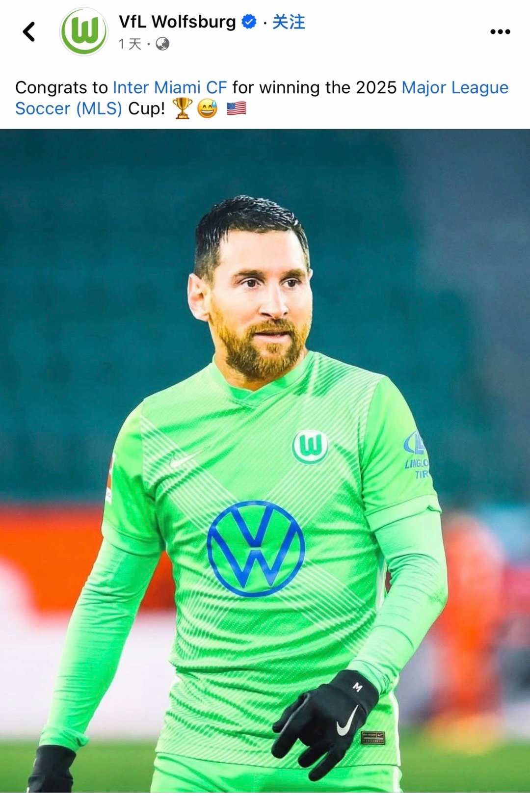 太会整活了，每个球队都梦想梅西20251207 德甲的沃尔夫斯堡俱乐部FB主页发