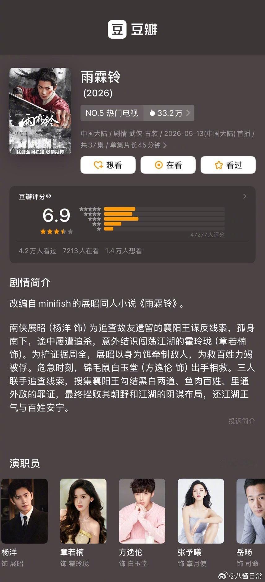 杨洋、章若楠、方逸伦《雨霖铃》豆瓣开分6.9分 